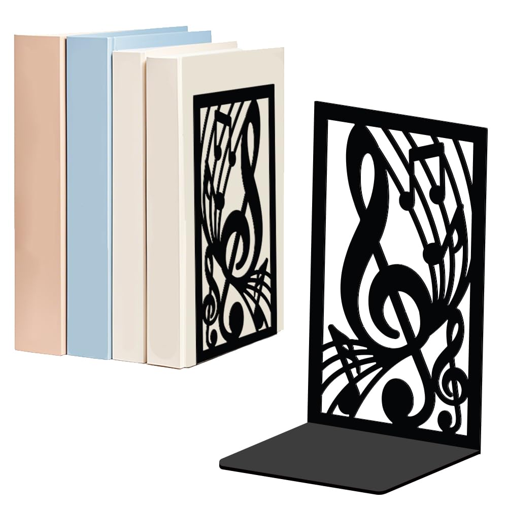 WADORN 1 Pair Musical Note Metal Decorative Bookend for Shelves, Heavy Duty Book Ends Modern Non-Skid Books Holder Stand Black Book Support Stoppers for Desk Bookshelf Office Home, 4.7x3.5x7 inches