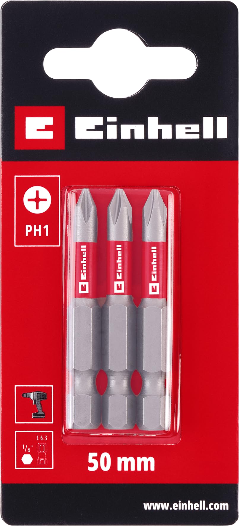 Einhell - Brocas estándar (3 piezas, 50 mm, cromo vanadio, tornillos precisos, buen control, anillo de color rojo, vástago E 6.3) | Acero CrV | tornillo preciso | buen control | E6.3 vástago