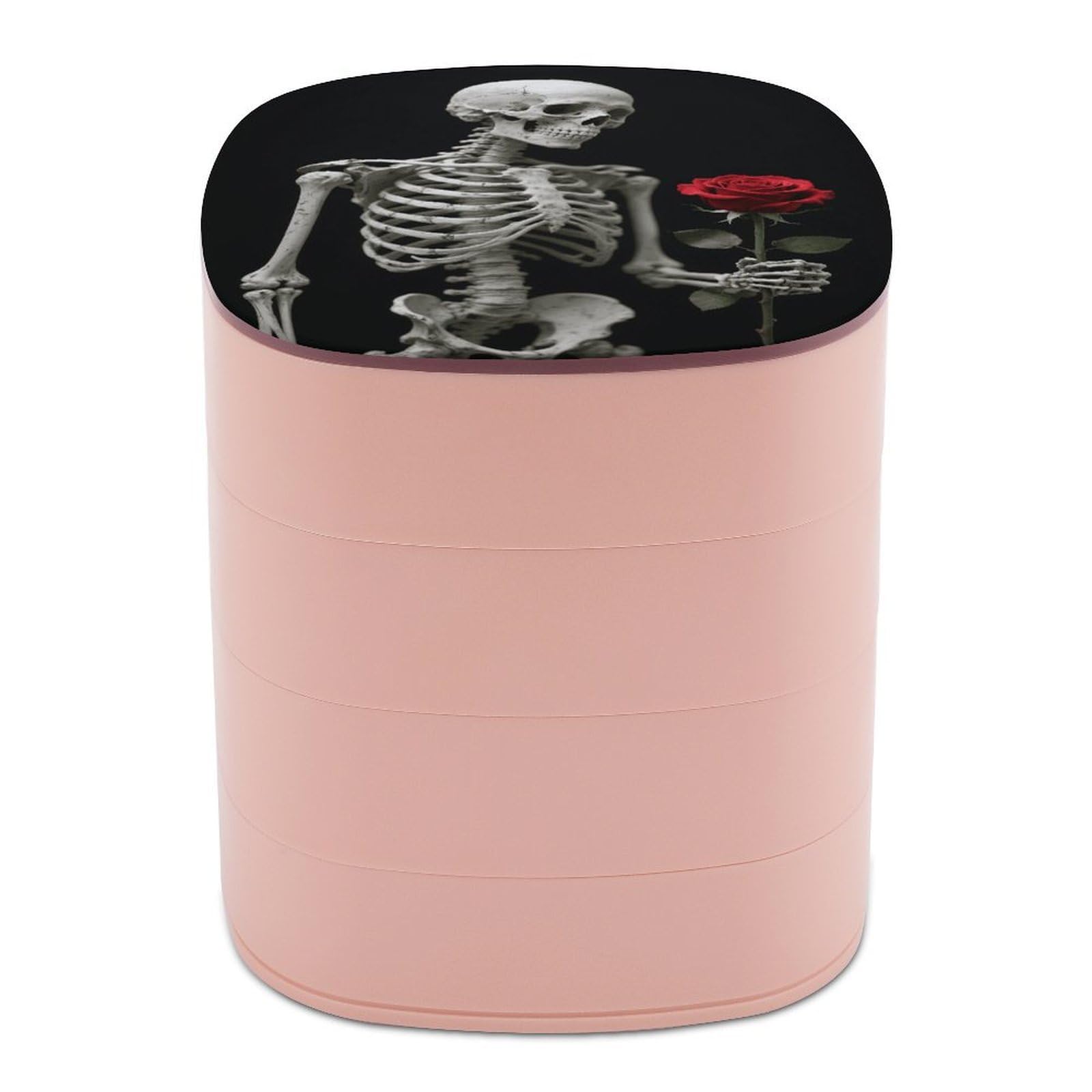 VstaDank Skeleton Holding A Red Rose Jewelry Case Women Portable Travel Jewelry Box Rotating Jewelry Organizer with Mirror Multi-Layer Necklace Ring Earring Storage Box for Bracelets Rings