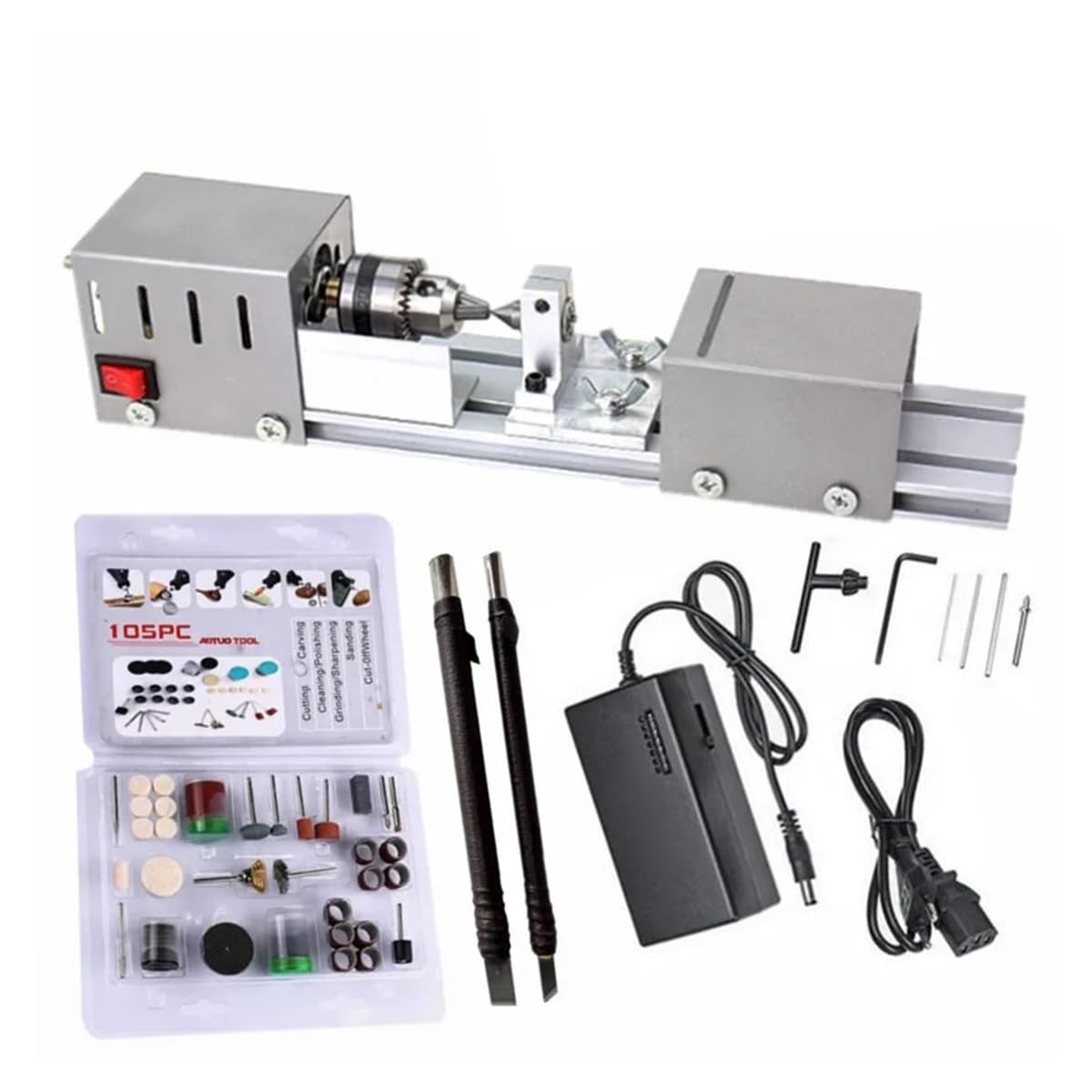 Aggiornato Mini Tornio Perline Lucidatrice Macchina FAI DA TE Lavorazione per Tavolo Lavorazione Del Legno Strumento FAI DA TE Tornio Standard Set 12V-24V 96W