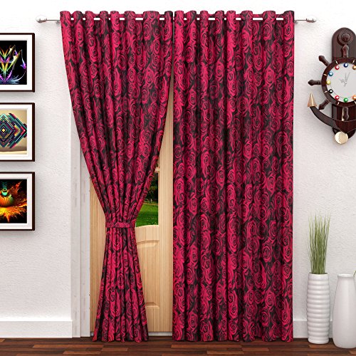 Image of Story@Home Combo Set of 2 Piece Modern Polyetser Eyelet Floral Pattern Ringtop Printed Door Curtains - 7 Feet, Pink