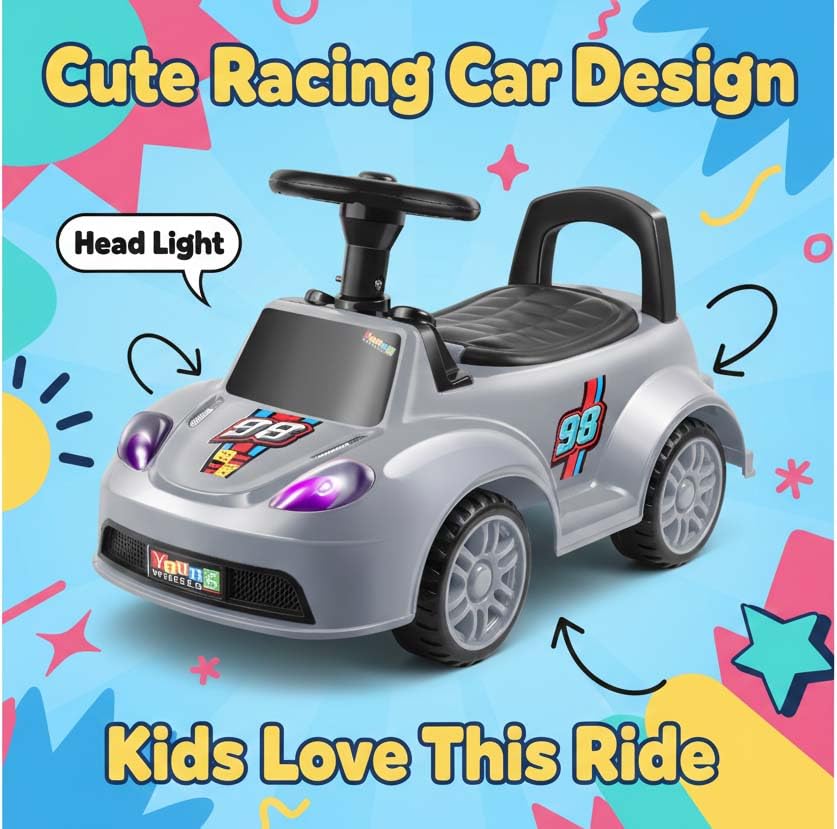 Image of Kids Ride On Car Grey for Toddlers with Steering Wheel & Backrest | Foot to Floor Baby Push Car | Indoor Outdoor | Strong Wheels & Comfortable Seat | Racing Design for Boys & Girls (1-3 Years)