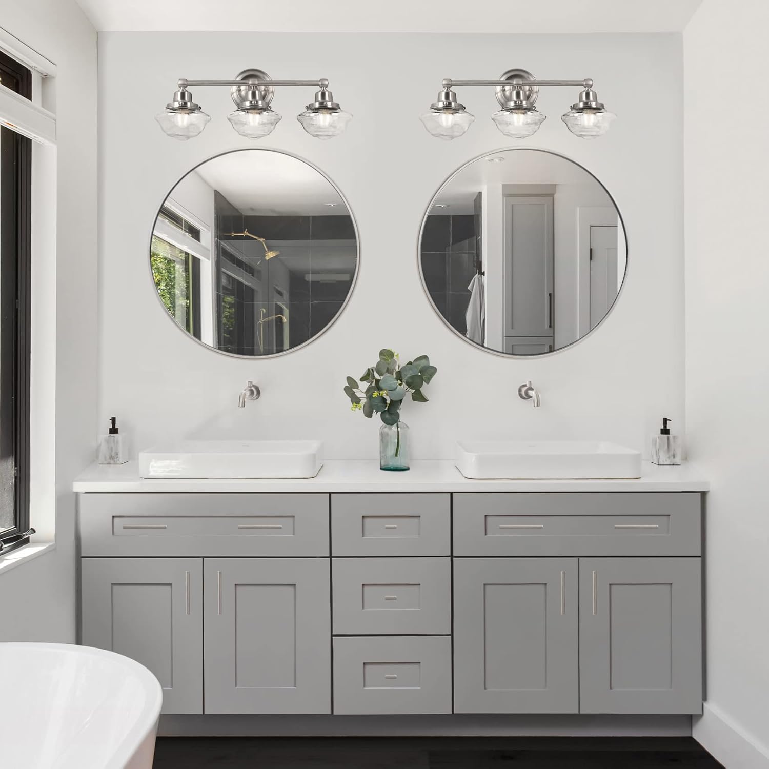 Design House Vintage-Inspired Schoolhouse 3-Light Dimmable Vanity Light, 23.125 in x 7.625 in x 9.5 in, Satin Nickel, Clear Seeded Glass Shades, 589143-SN