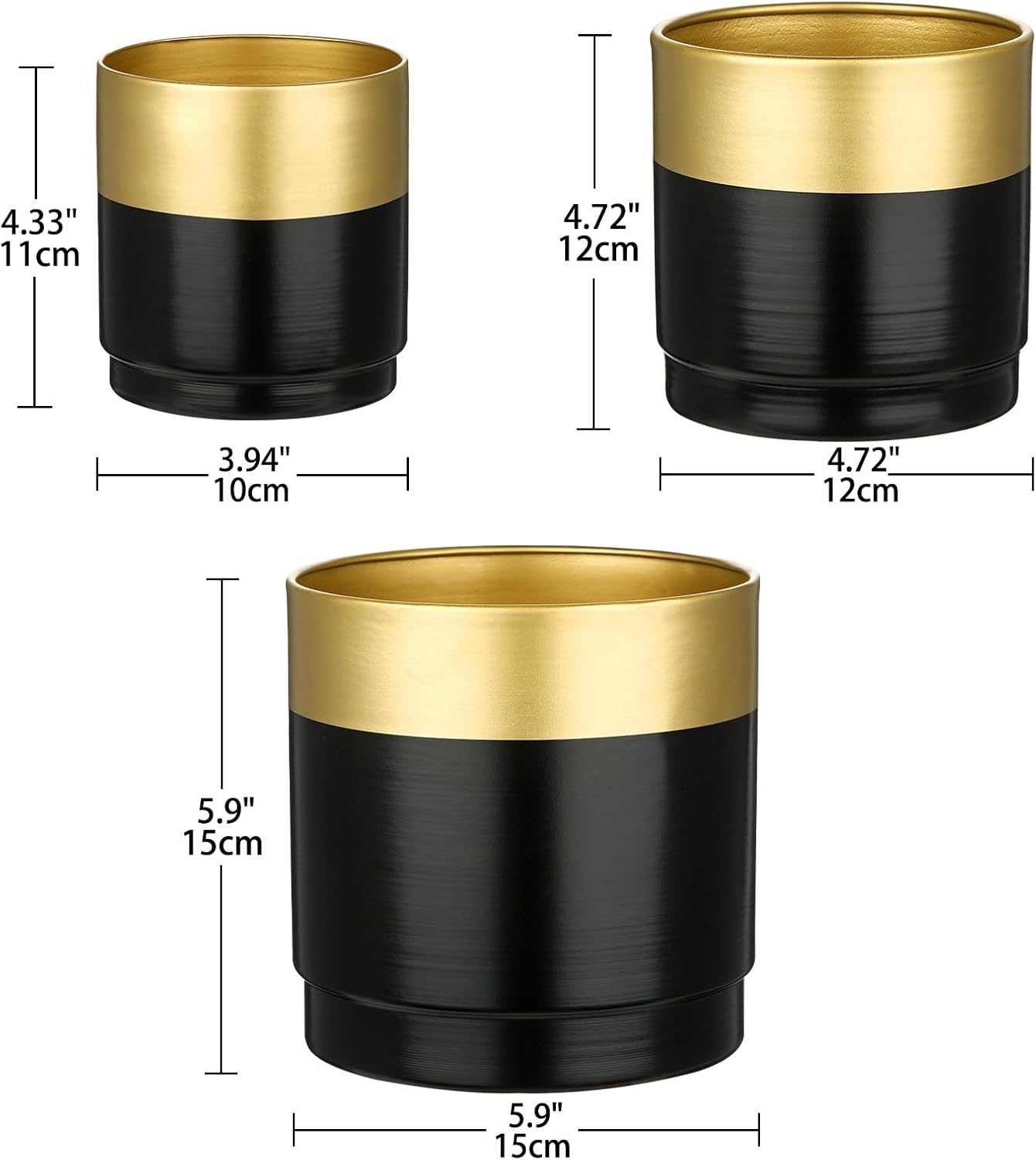 Briful Gold and Black Metal Planters with Drainage Hole for Outdoor Planting, 3.94''/4.72''/5.9'' Indoor Decorative Metal Buckets Floral Arrangment, Home Farmhouse Tables Decor, Set of 3
