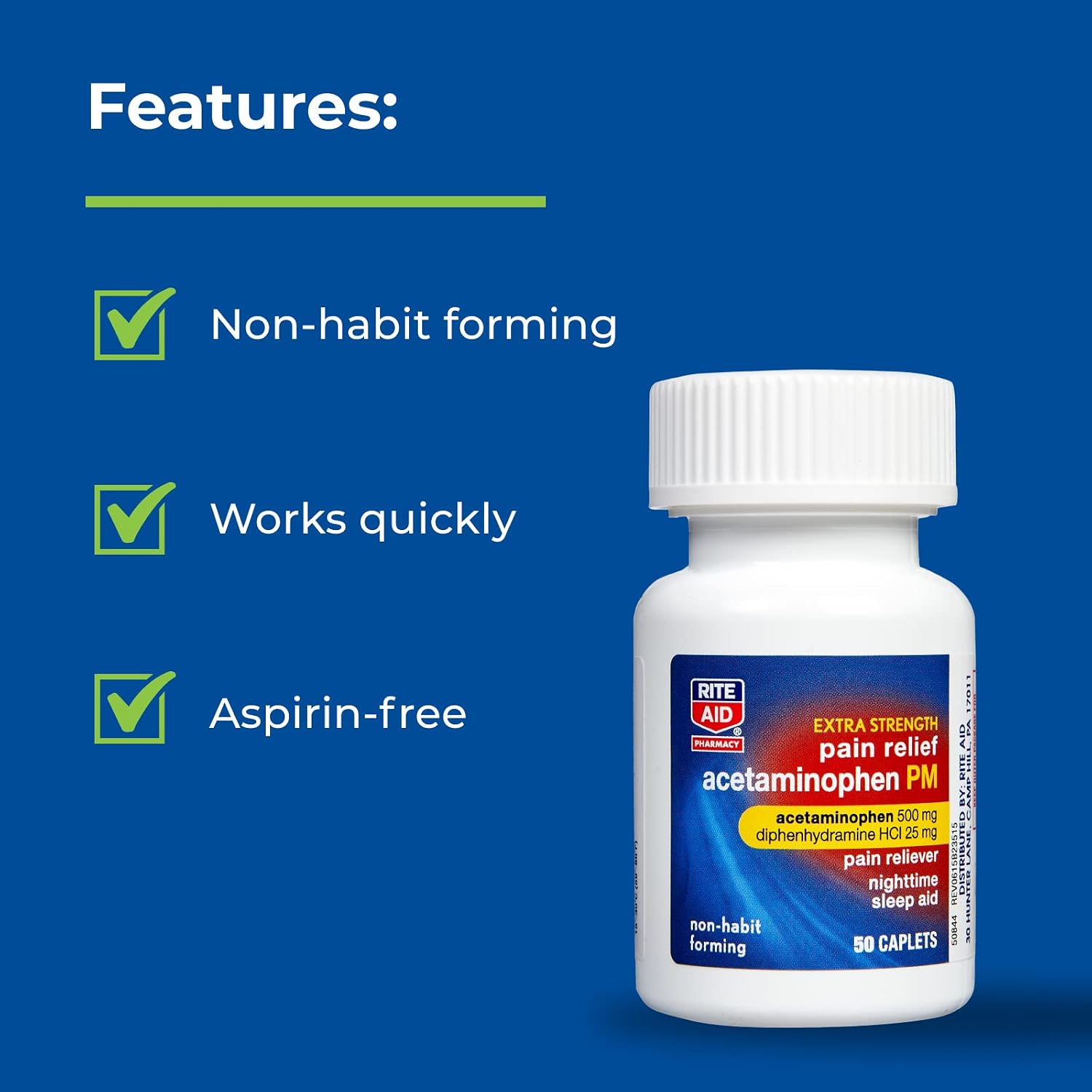Rite Aid Extra Strength PM Pain Relief Caplets, 500mg Acetaminophen / 25mg Diphenhydramine - 50 Count | Nighttime PM Pain Reliever + Sleep Aid | Joint Pain Relief | Menstrual Pain Relief + PMS Relief
