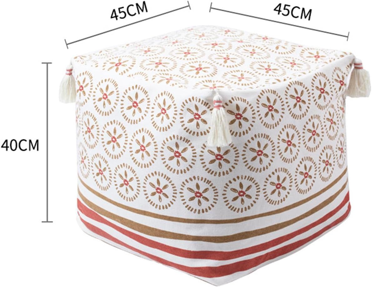 MOCOFO Italy Printed Tufted Tassel Square Pouf Cover, 18x18x16 inch, Red Cotton Blend, Unstuffed Storage Ottoman Footrest, Boho Decor for Living Room, Bedroom