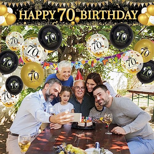 Image of 70th Birthday Decorations - Black Gold 70th Birthday Banner & Balloons for Indoor /Outdoor Parties