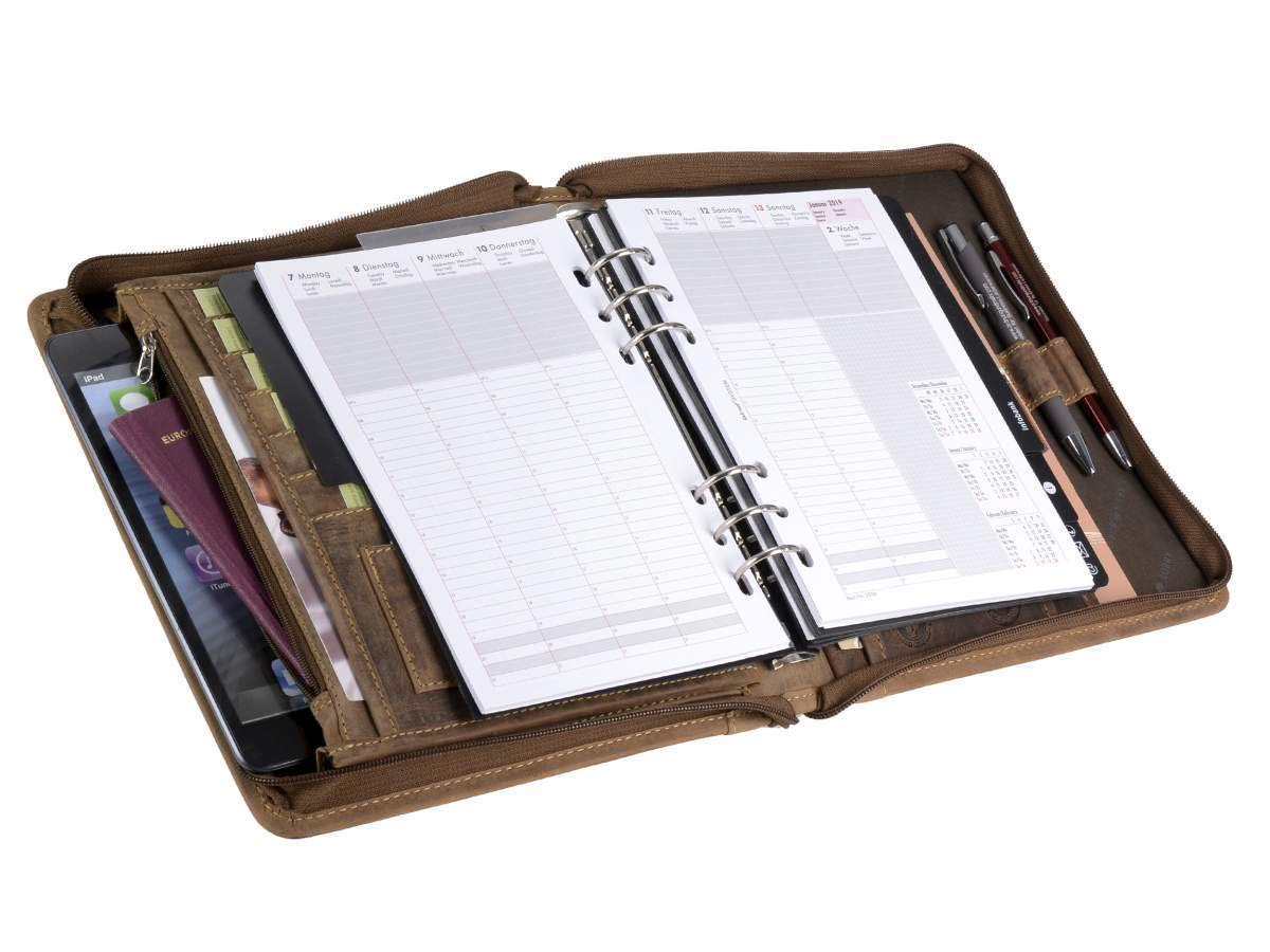 Greenburry Terminplaner A5 (23x26cm) Leder Terminkalender Vintage antik braun mit Reißverschluss inkl Kalender 2025