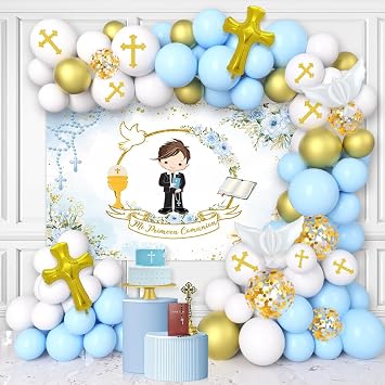 AIBIIN 85Pcs Baptism Decorations for Boys, Primera Comunion Decoracion First Holy Communion Christening Party Decorations White and Blue Baptism Balloon Garland Kit with Mi Primera Comunion Banner