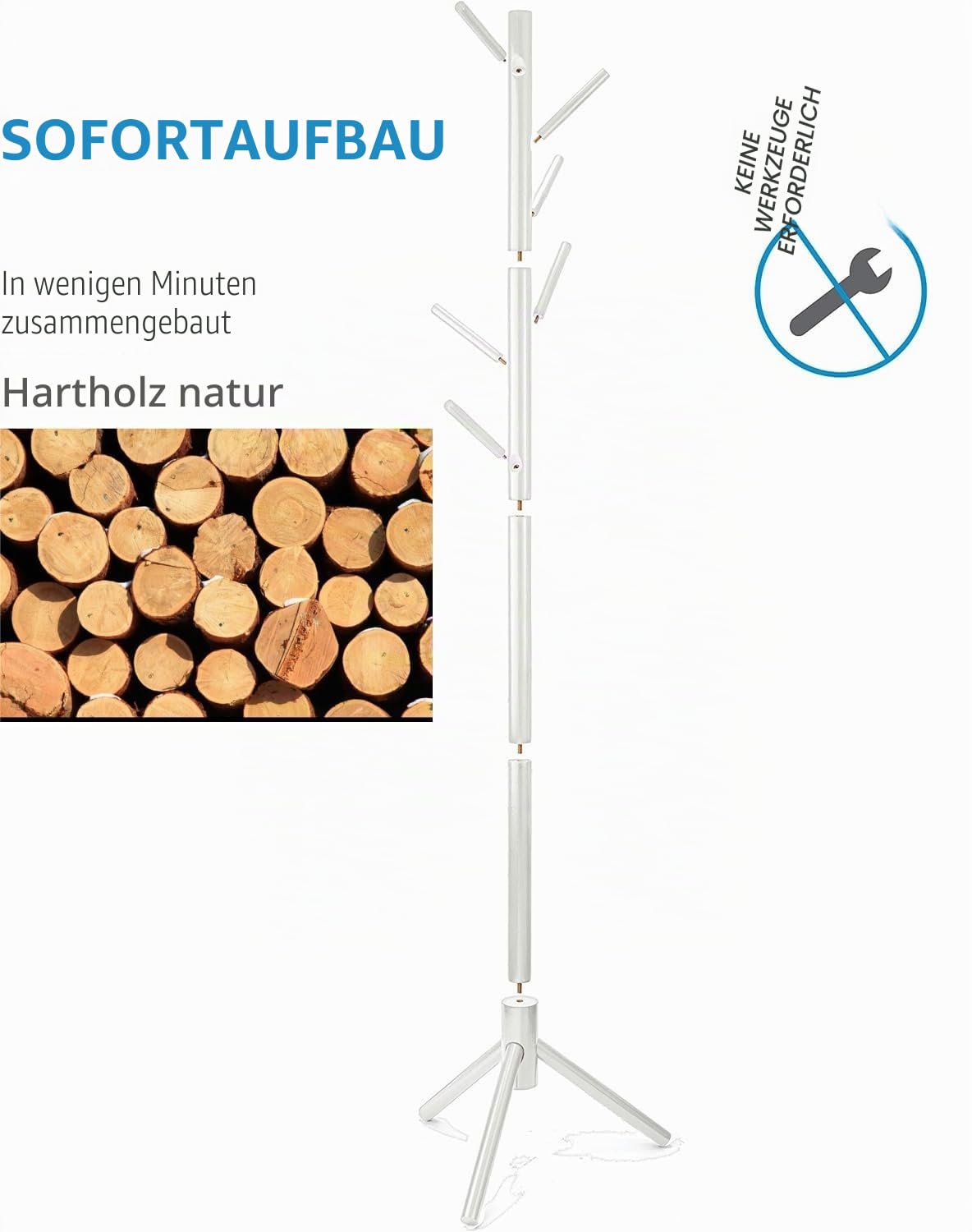 Garderobenständer, Kleiderständer aus Massivholz, mit 6 Haken und 3 verstellbaren Größen, Garderobe in Baumform, für Schlafzimmer, Flur, Eingang, Büro, für Hüte, Mäntel, (Weiß