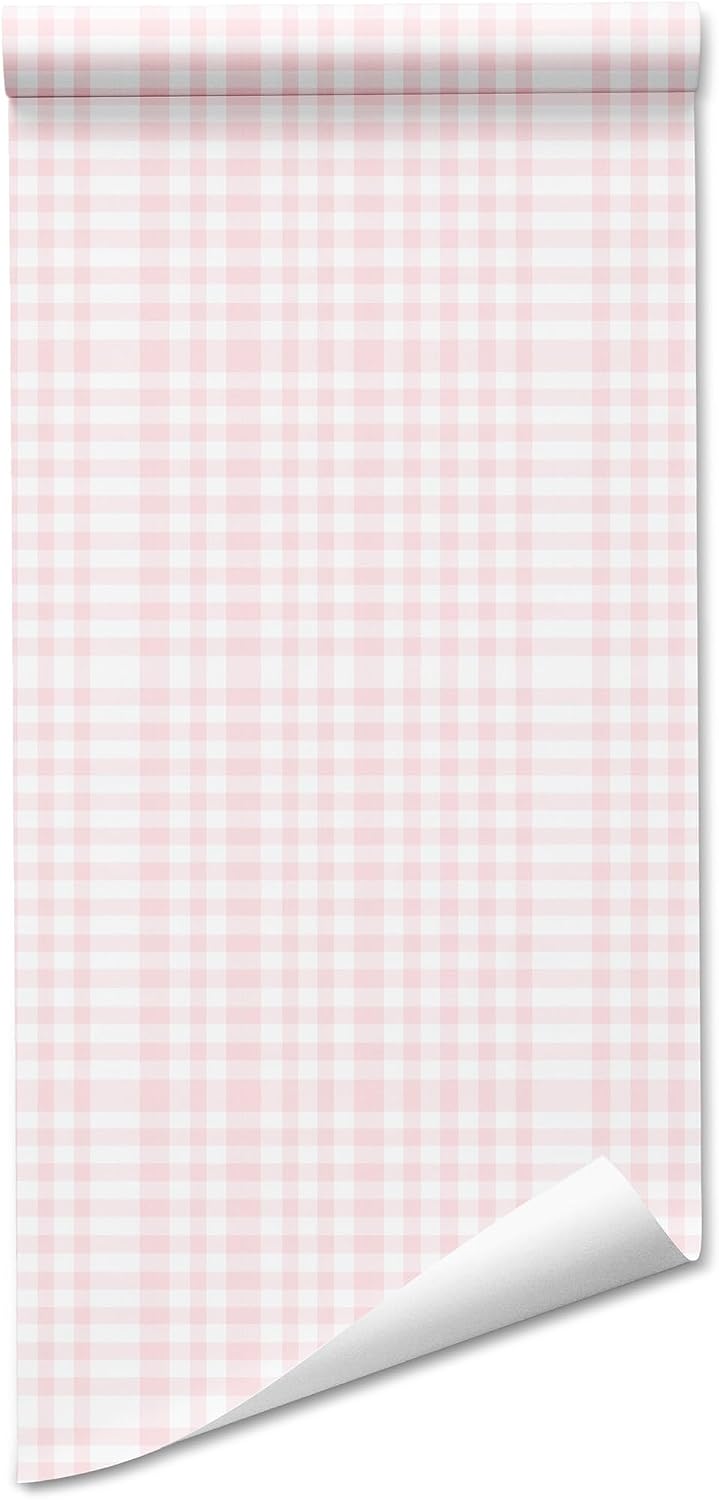 Pink Plaid Gingham Stripe Peel and Stick Wallpaper - Toile Design for Nursery and Girl's Room - Removable Self-Adhesive Wallpaper for Bedroom and Bathroom