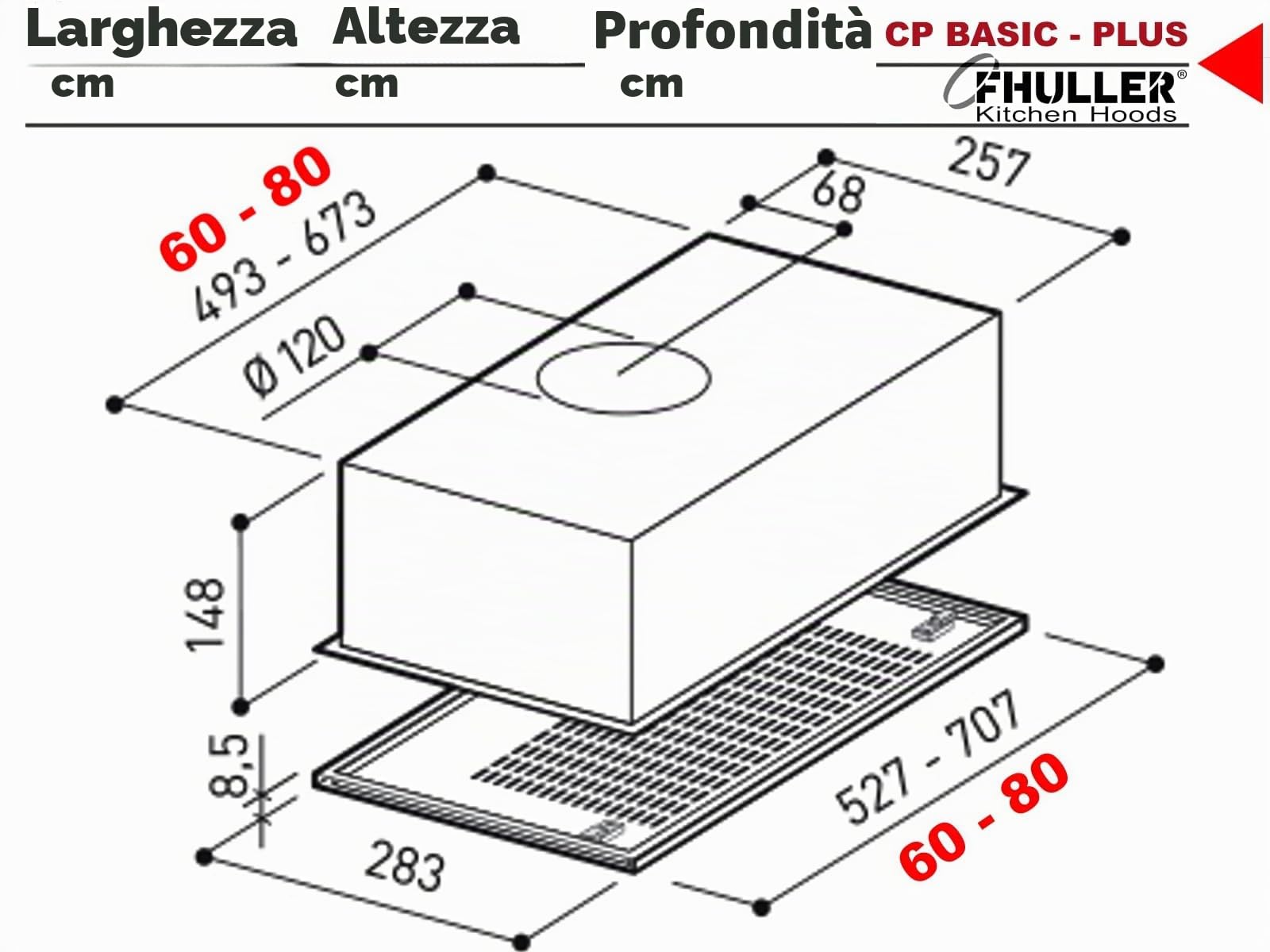 Cappa Gruppo Incasso CP PLUS 60 K102R0190, Cappa Sottopensile 60 cm, MOTORE POTENZIATO 409 m³/h, Comando Meccanico Slider, LED 2.5W, Classe D, Finitura Grigia