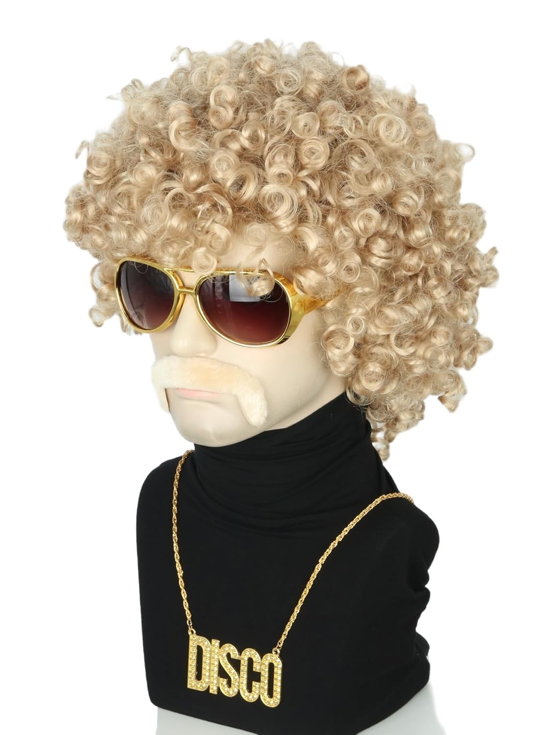 CGVG 4er Afro Perücke Set Herren Männer Afro Perücke mit Sonnenbrille Schnurrbart Halskette 70er 80er Jahre Vokuhila Disco Hippie Outfit für Karneval Halloween Fasching (Blond-2)
