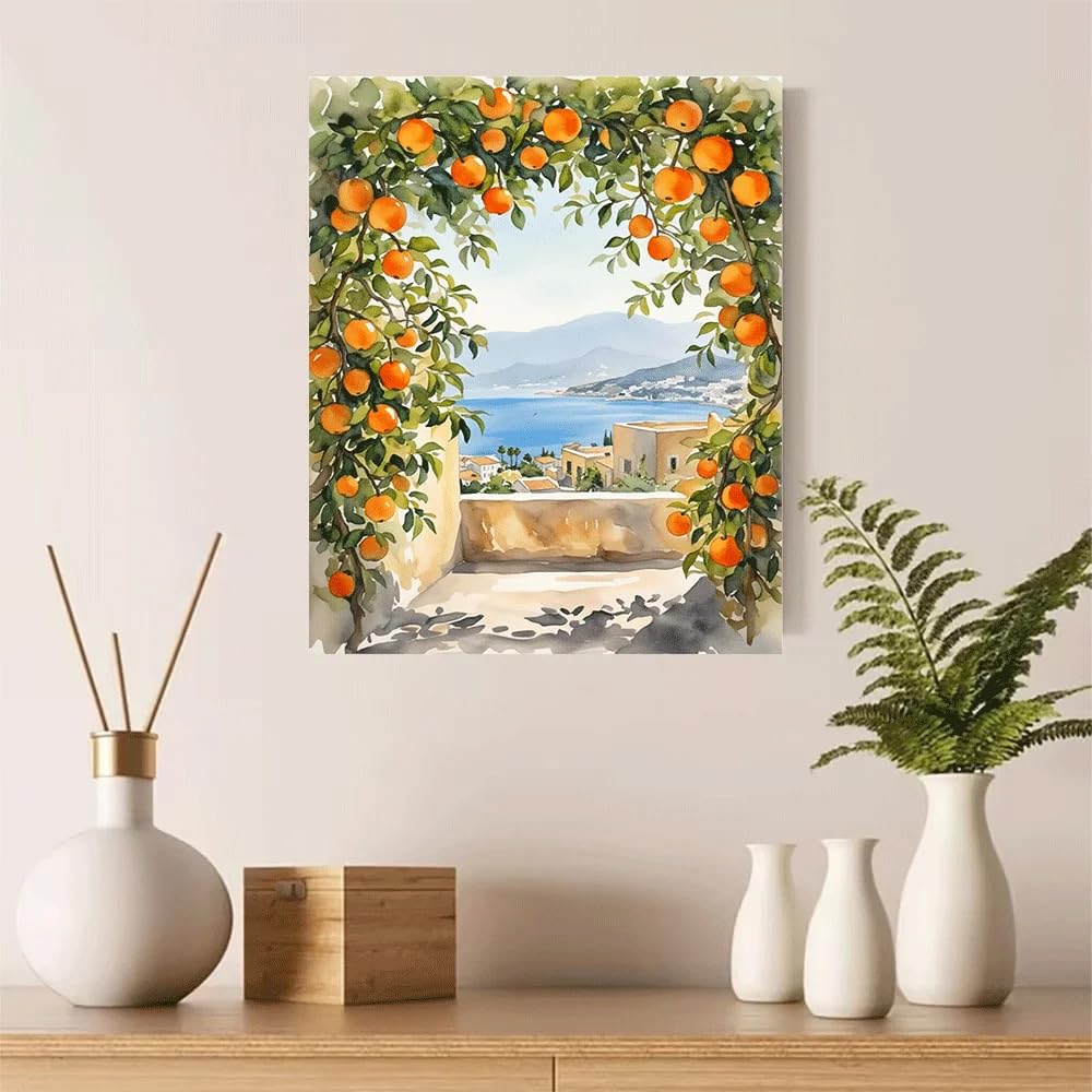 GKUVBF Tableau sur toile représentant un paysage côtier méditerranéen, une arche d'orangers en été, un village en bord de mer, une ferme, une décoration intérieure (70 x 100 cm/cadre intérieur)