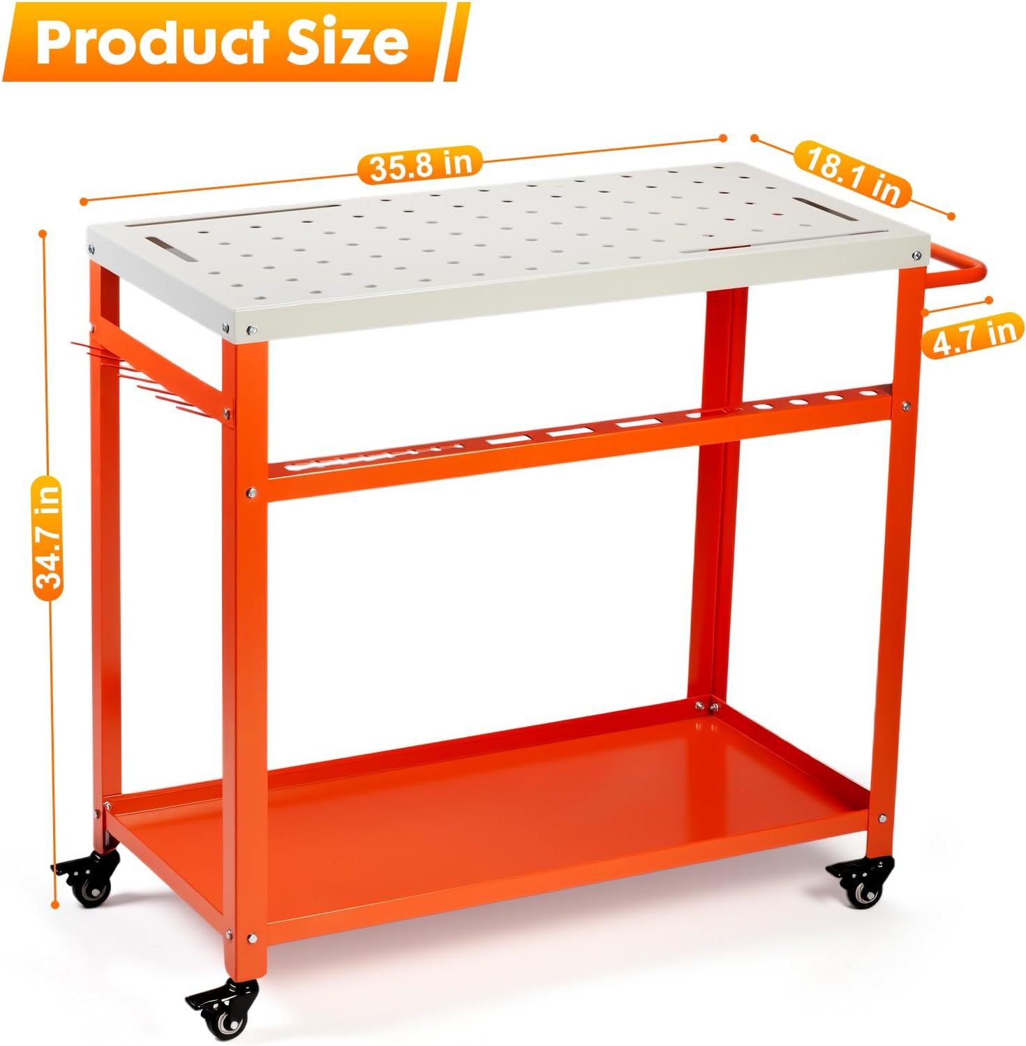 Movable Workbench Table,35.8“x 18.1”Welding Table,1200LBS Static Weight Capacity,Sawhorse Tool Slots and Fixture Holes（5/8-inch Fixture Holes）,4 Wheels (4 with Brake)