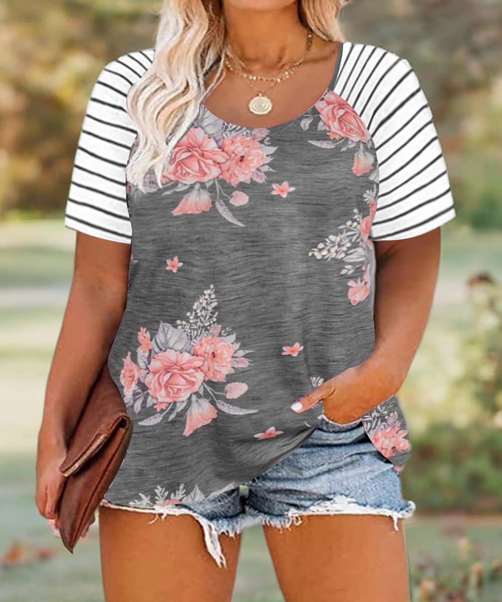 CARCOS Plus Size Tops for Women Short Sleeve Raglan Striped Tee Color Block Crewneck/V Neck Tunic Loose Fit Summer XL-5XL - Image 4