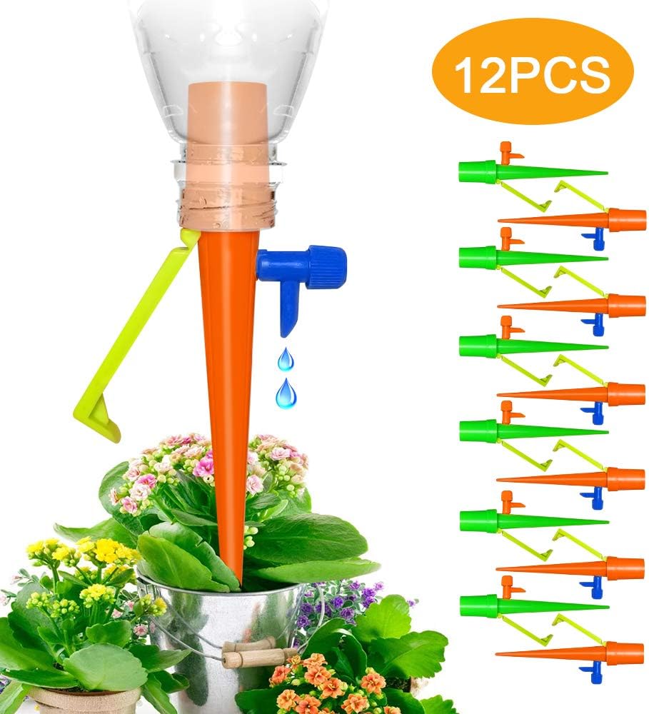 Essieny Plant Waterer, Automatic Watering Spikes 12 Pcs Plant Watering Devices Self Drip Irrigation System with Slow Release Valve for Indoor Outdoor Plants