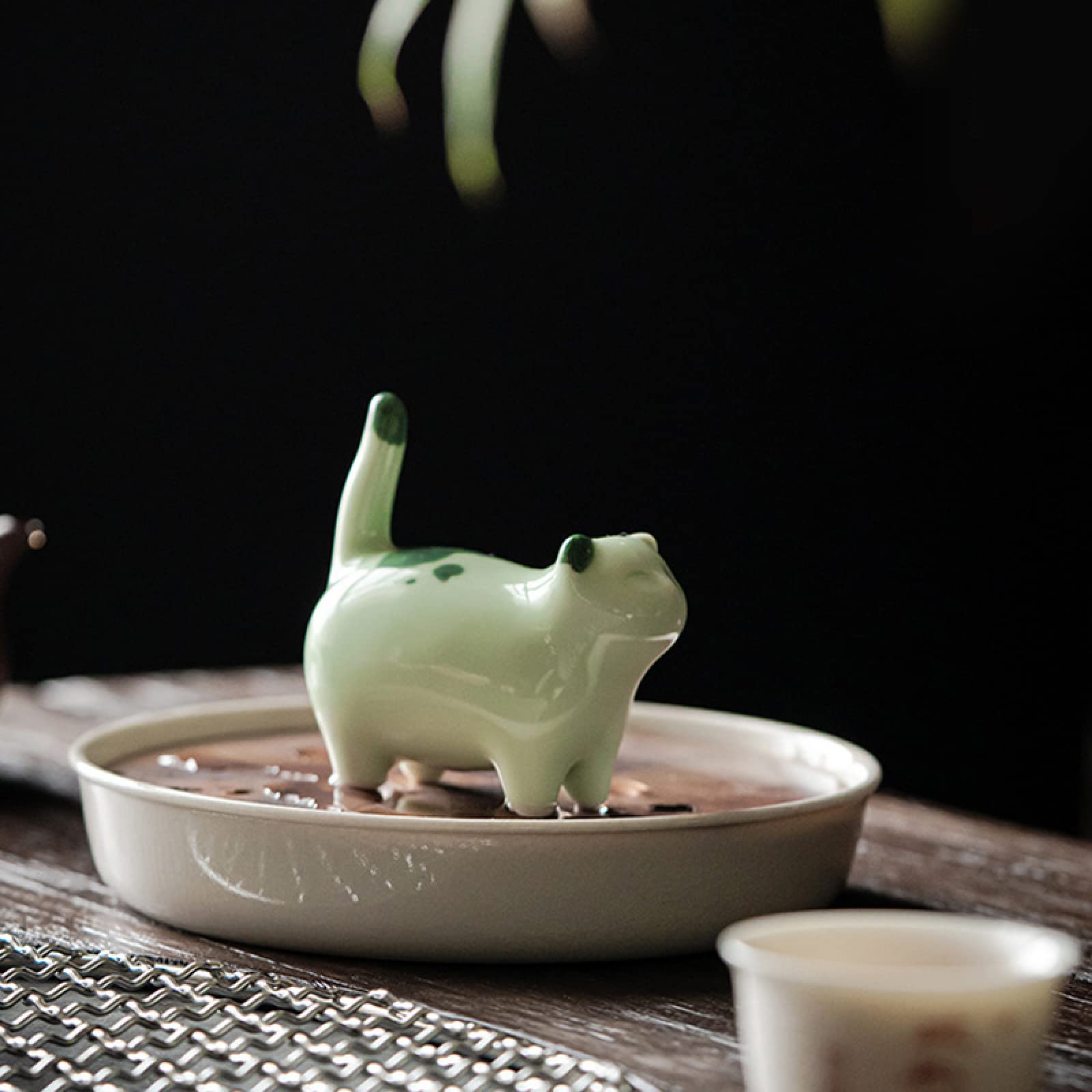Ornamento in ceramica Figurina gatto verde Animale Scultura artigianale Ornamento Arti Home Office Desktop Decor Regalo di nozze