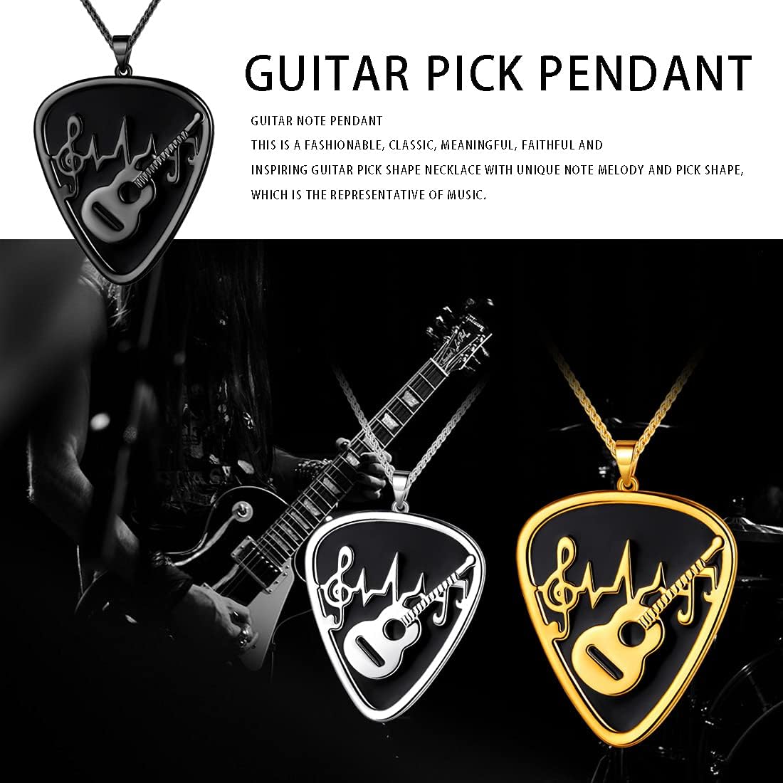 beautlace Guitar Pick Necklace Silver/18K Gold/Black Gun Plated Guitar with Music Note Pendant Jewelry for Music Lover Men and Women KP0157 - Image 9