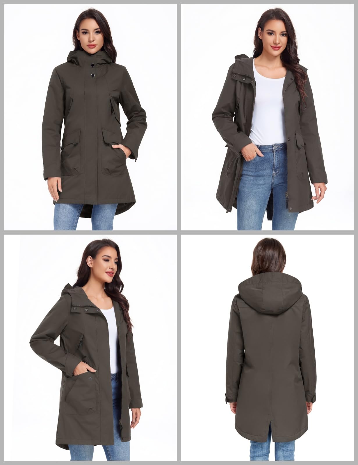 Tuopuda Chaquetas Larga Mujer con Capucha Abrigo Polar Ligero Primavera Otoño Parka Repelente al agua con Cremallera y Bolsillos