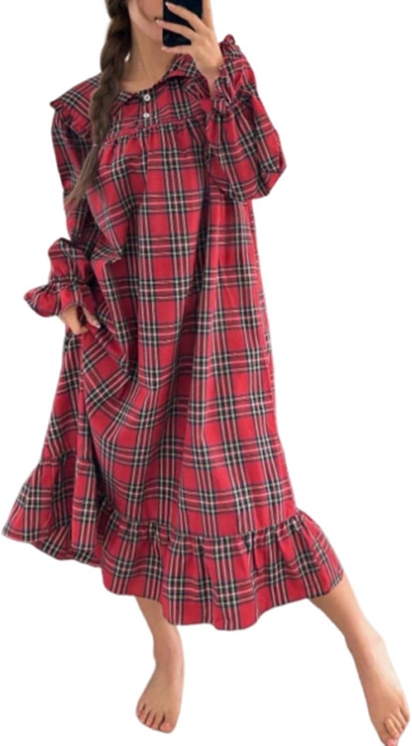 codcm Women's Nightgown Cute Babydoll Sleepshirts Long Sleeve Mid Length Loungewear Plaid Sleepwear with Ruffle