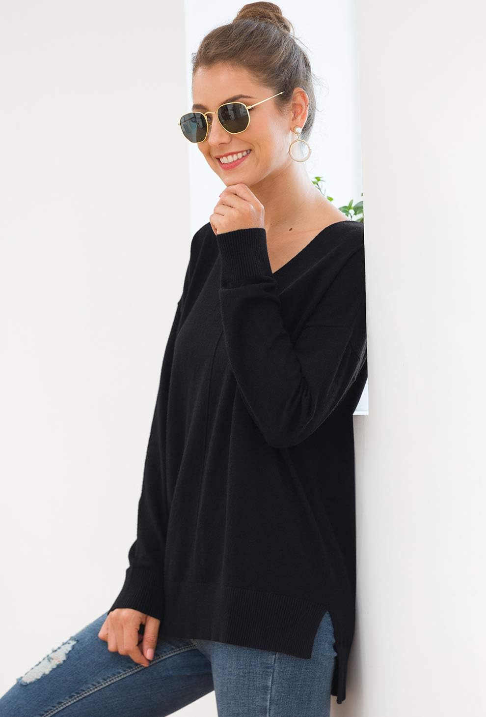 Jouica Womens Summer Short Sleeve Tops Casual V Neck Loose Fit Knit Lightweight Sweater Pullover Top
