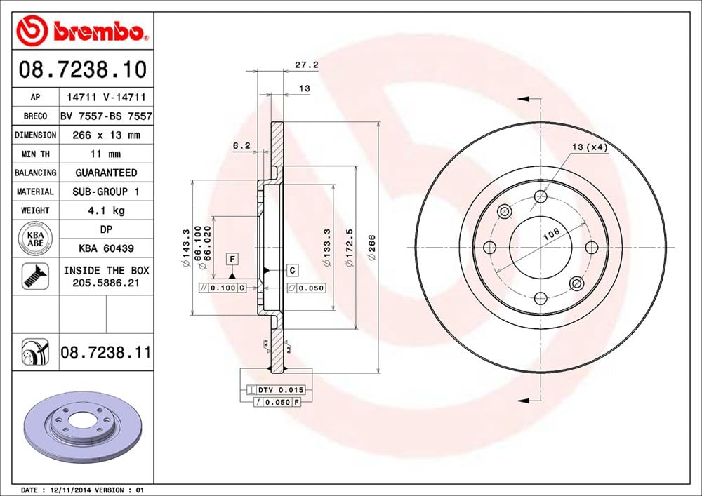 Brembo 08.7238.11 - Disco Freno con Verniciatura UV (Set di 2) - Anteriore