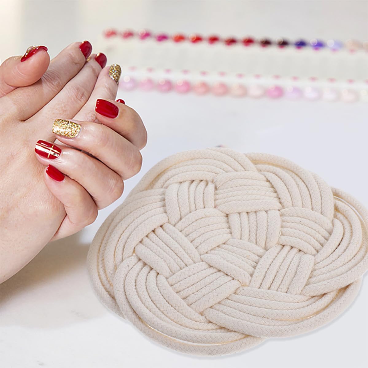 2pcs Beige Cotton Woven Nail Display Holder for Photo Background | Flax and Cotton Thread, Portable Versatile Display for Fake Nails and Handmade Crafts, Meticulously Crafted