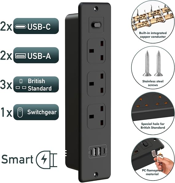 Recessed Power Socket with USB C, Flush-Mount Desk Power Outlet with 2 USB-A and 2 USB-C Ports, 1.8M Desk-Friendly Power Extension Lead with 3 AC Sockets, for Tables & Desks