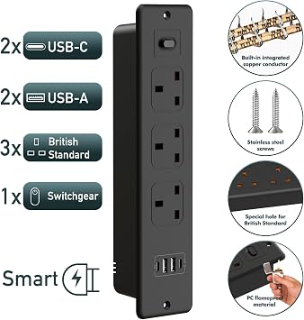 Recessed Power Socket with USB C, Flush-Mount Desk Power Outlet with 2 USB-A and 2 USB-C Ports, 1.8M Desk-Friendly Power Extension Lead with 3 AC Sockets, for Tables & Desks