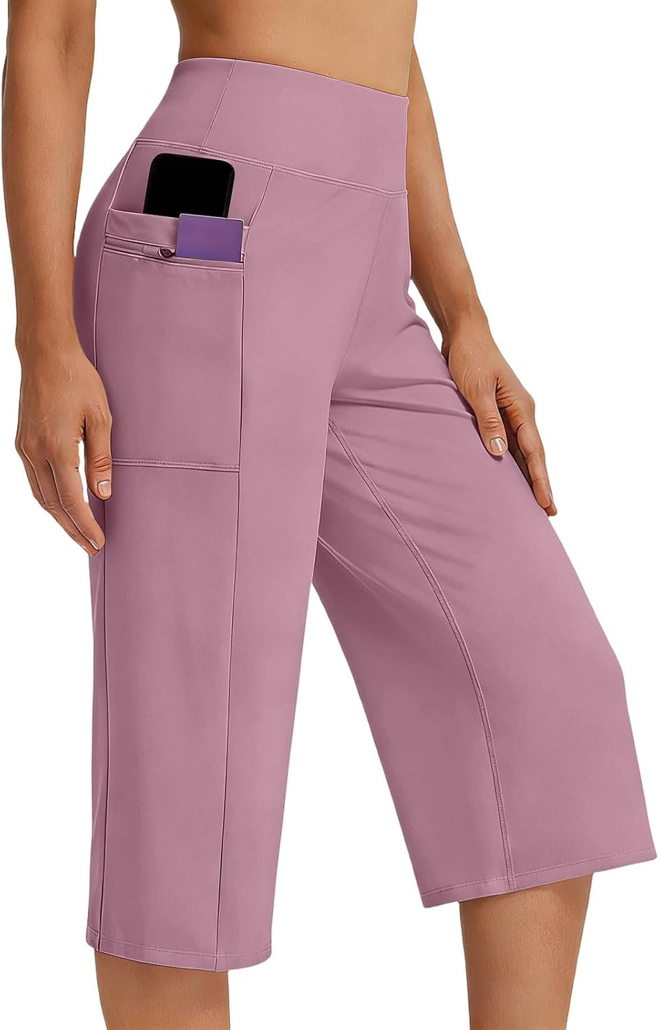 Womens Capri Yoga Pants Wide Leg Gym Shorts Quick Dry Cropped Pants Loose Workout Capris Sweatpants with Pockets