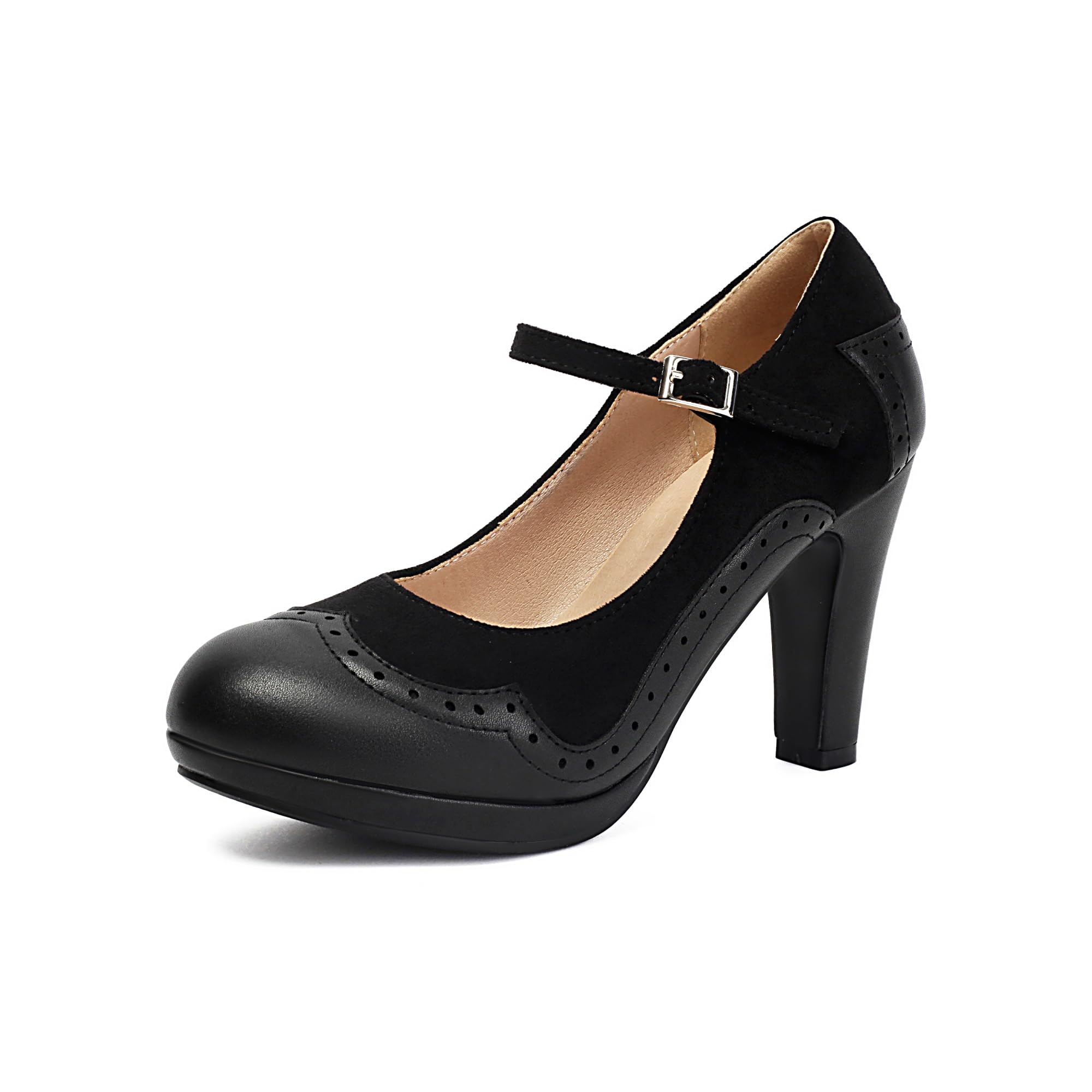 graceretro Women's Mary Jane Wingtip Classic and Retro 1920s Pump Heels Oxford Pattern Vintage Round Closed Toe 1950s Ankle Strap Dress Shoes