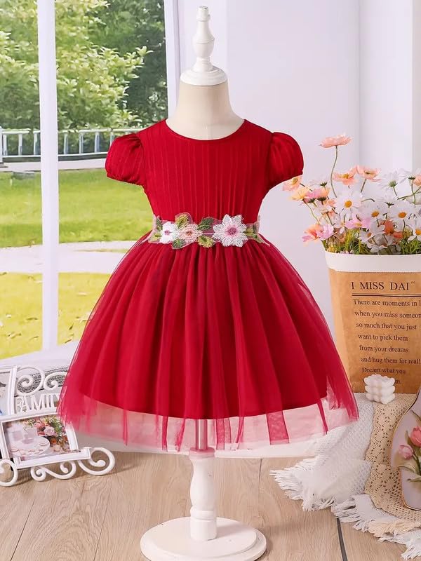 Image of Niren Enterprise Girls' Lilac Flower Waist, Tulle Skirt, Puff Sleeve, Elegant Birthday, Soft Lining Dress