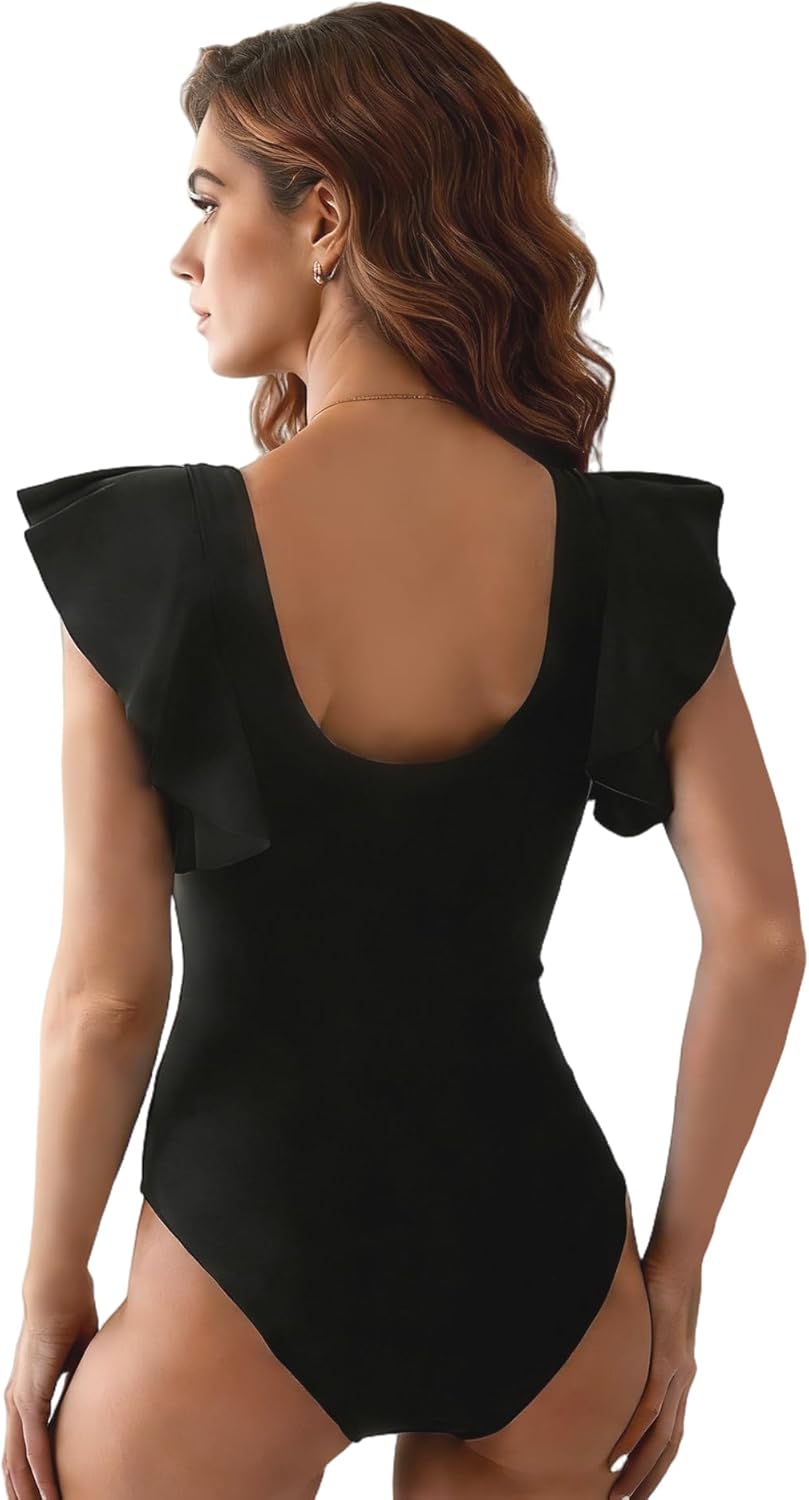 Semana Women's Tummy Control One Piece Swimsuit Retro Ruffle V Neck Mesh Cutout Bathing Suit