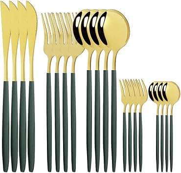 Silverware Set, 20Pcs Dinnerware Set Stainless Steel Cutlery Western Fork Spoon Knife Dinner Set Silverware Flatware Set Dropshipping BY ZZYY Color Green Gold