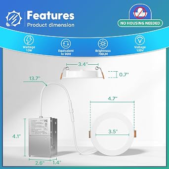 FREELICHT 24 Pack 4&6 Inch Ultra Thin LED Recessed Ceiling Light with Junction Box, 2700K-5000K 5CCT Selectable, 700LM/1050LM High Brightness, Dimmable Canless Wafer Downlight, ETL&FCC