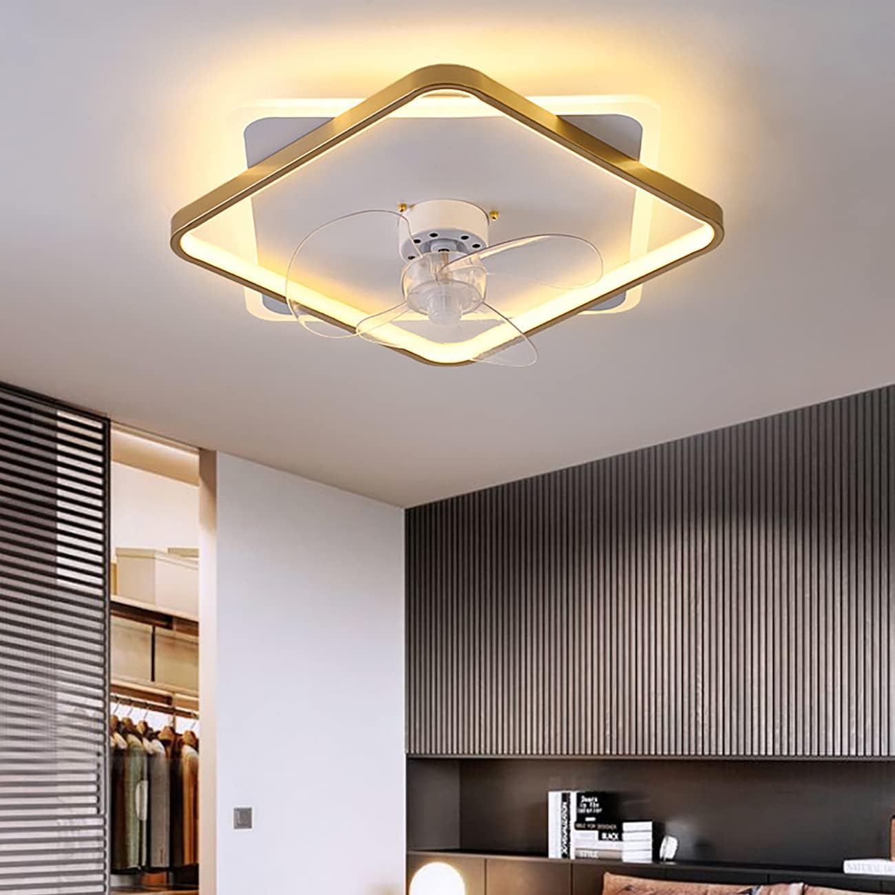 YUEGOO Bedroom Fans with Ceiling Lights 3 Speed Silent Fan with Remote Control Led Dimmable Ceiling Lights with Timer for Living Room Dining Room Fan Lighting/D