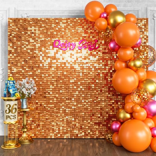 Qcity Orange Shimmer Wall Backdrop 36PCS, Black Back Not See-Through Design, Square Sequin Glitter Backdrop Panel, Perfect for Outdoor Events, Birthdays, Wedding and Party Decoration by Qcity - Used condition - US$62.40