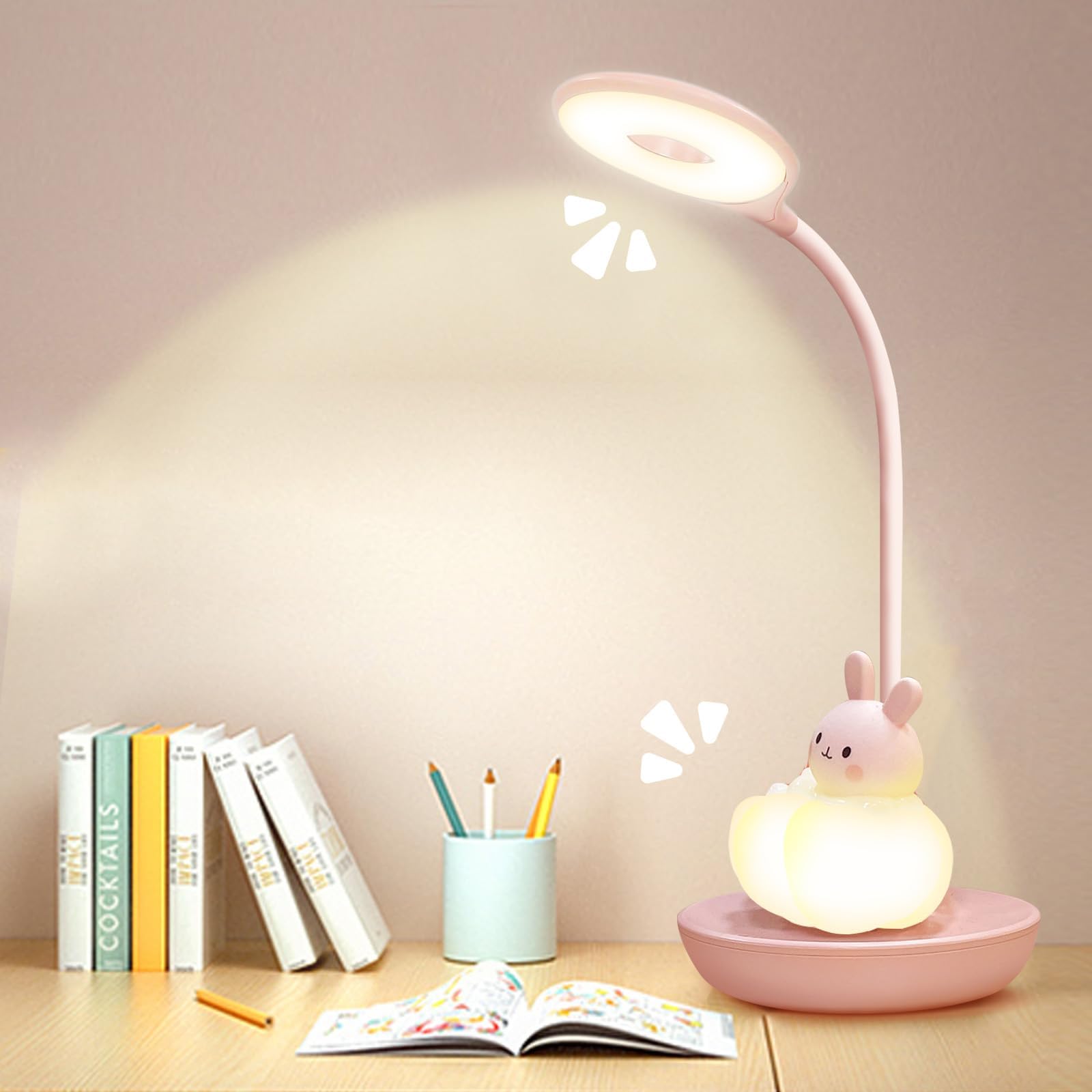 Lampa biurkowa LED dla dzieci, ochrona oczu, lampka do czytania, ładowana przez USB, energooszczędna lampka nocna, ściemniana, czujnik dotykowy, lampa stołowa, styl kreskówkowy (różowy)