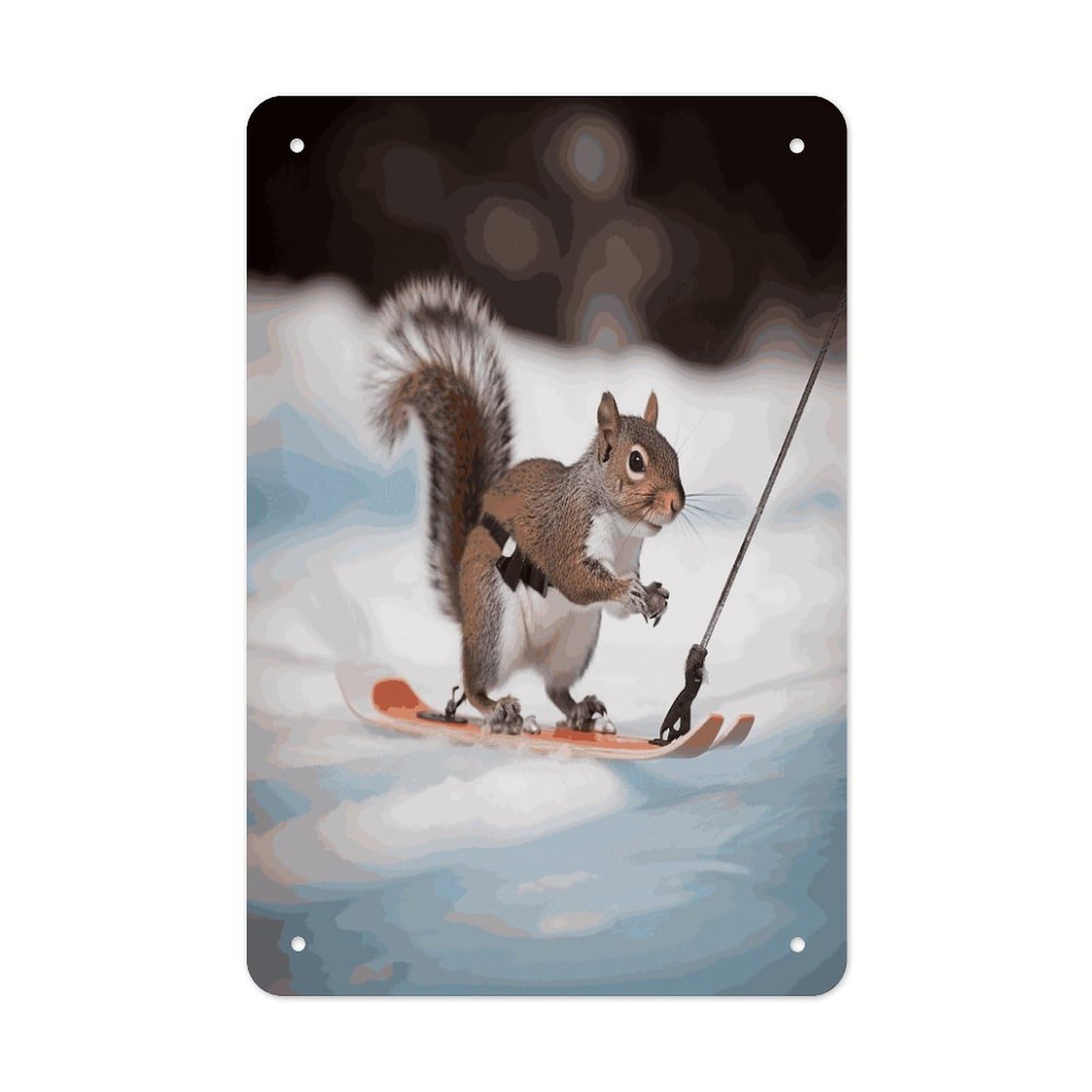 LDGSUPH Skiing Squirrel Wall Art Prints Folded Edge Iron Sheet Painting with Holes for Wall Prints Decorative Picture Metal Signboard Decor Painting for Outdoor Indoor Wall Decor