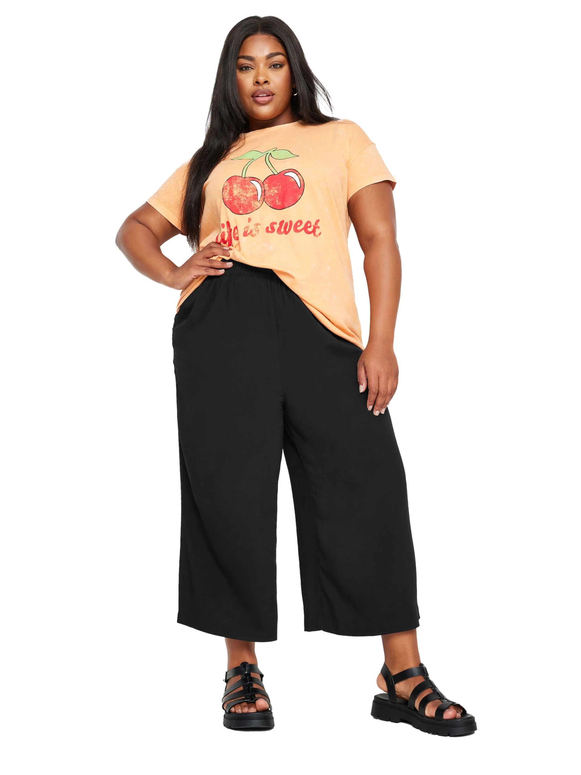 Yours Women's Black Wide Leg Cropped Trousers Size 20