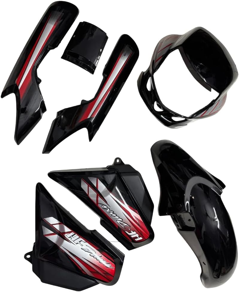 GS Auto House Body Fiber Kit Compatible with Hero HF Deluxe - Full Set (Front Mudguard, Headlight Visor, Side Panels, Tail Panel) - High-Grade ABS Plastic - Black Red-image-25