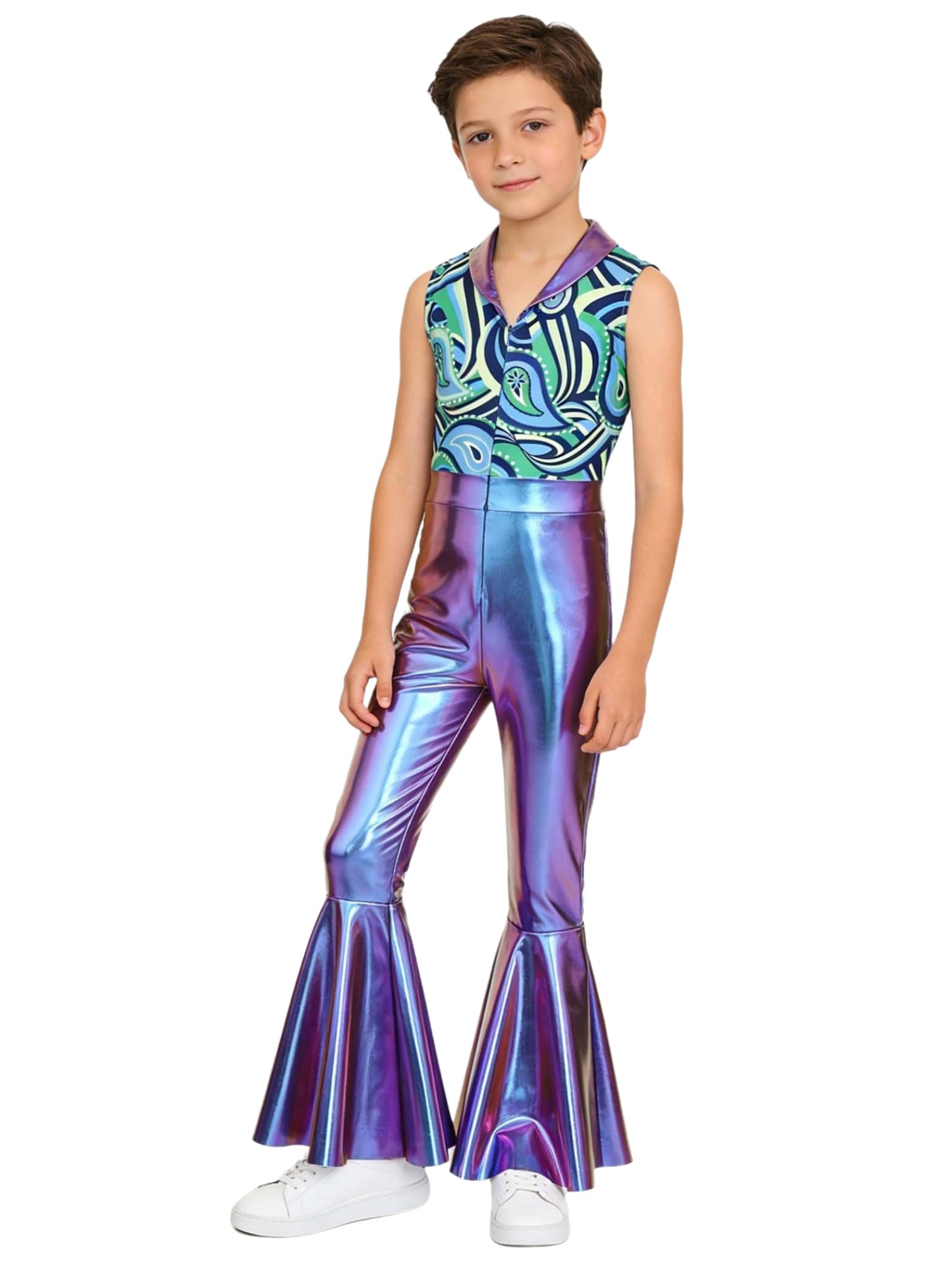 Riismen Kids Boys Disco Outfit Costumes Metallic Glossy Sleeveless Long Flare Pants Jumpsuit Carnival Gala Colorful 13-14 Years
