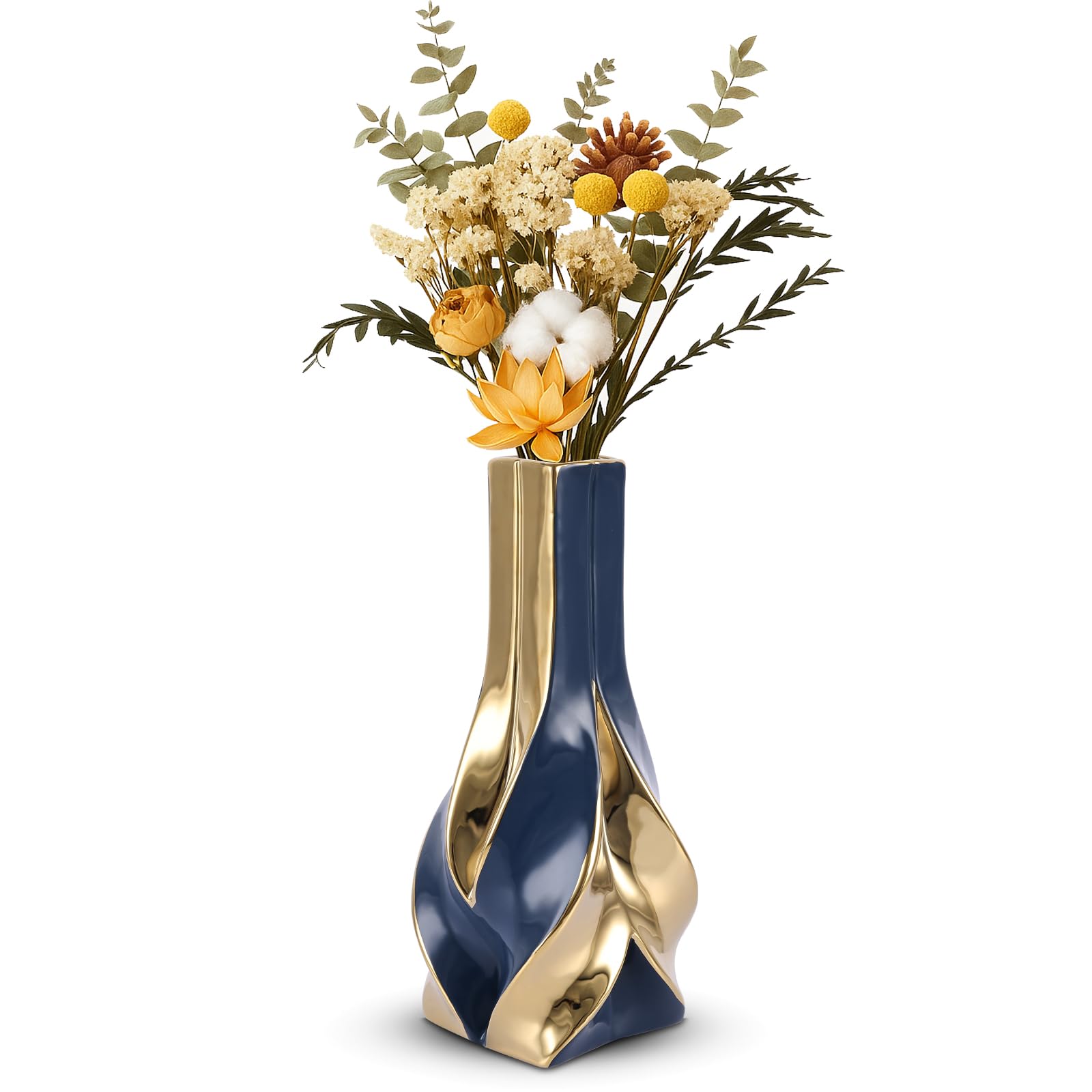10.6" Blue and Gold Ceramic Vase, Modern Geometric Flower Vase for Dining Table Centerpiece, Elegant Decorative Vase for Pampas Grass, Living Room, Bedroom, Office, Tabletop Decoration
