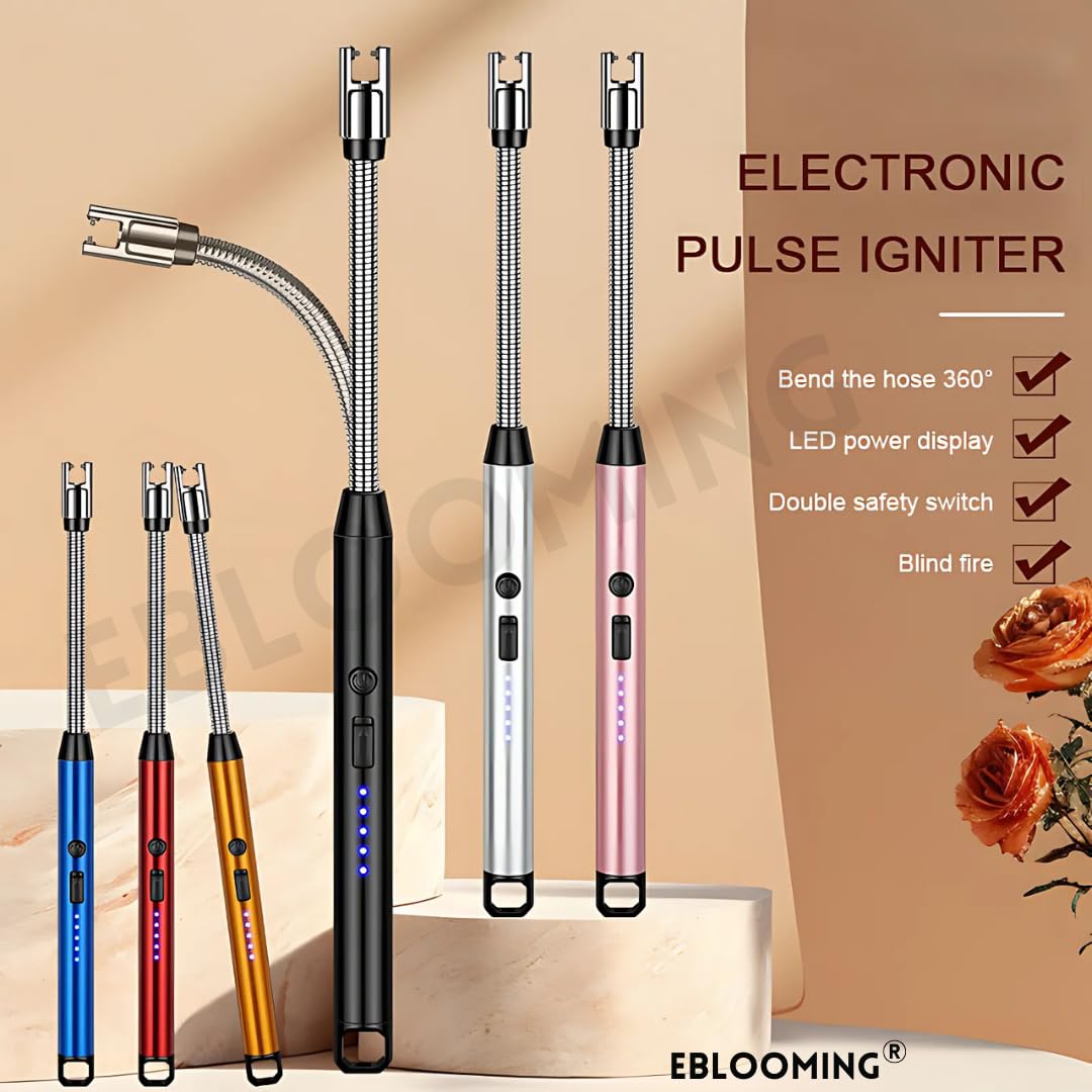 Eblooming Electric Lighter, Electric USB Rechargeable Lighter with Battery Display, Longer Flexible Neck Windproof Plasma Arc Long Lighters for Candles, Fireworks, KitchenUse