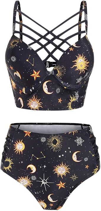 JMSUN Women Bathing Suit Summer Sun and Moon Star Swimsuit Criss Cross Mesh Bikini Moulded Tankini Swimwear