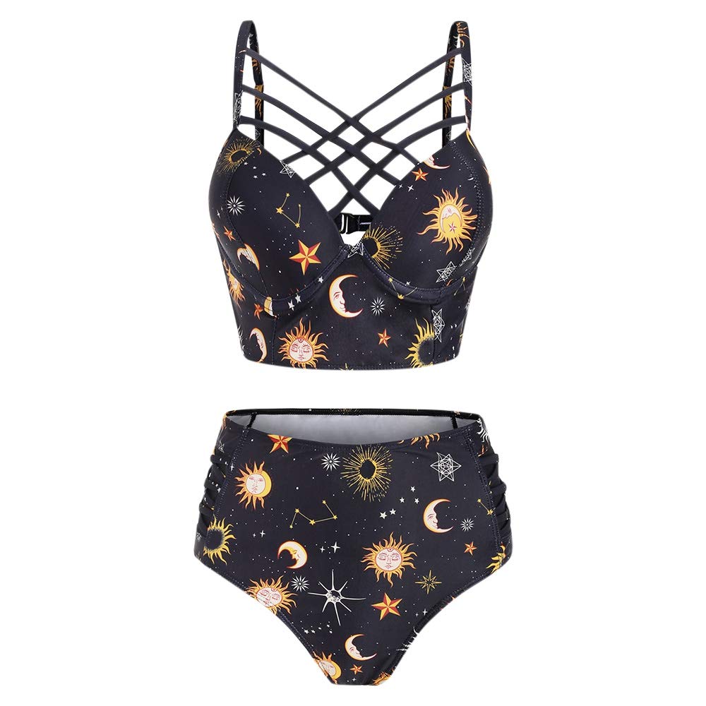 Jmsun Women's Yellow Summer Sexy And Comfortable Sun Star Moon Lattice Underwire Tankini Swimsuit