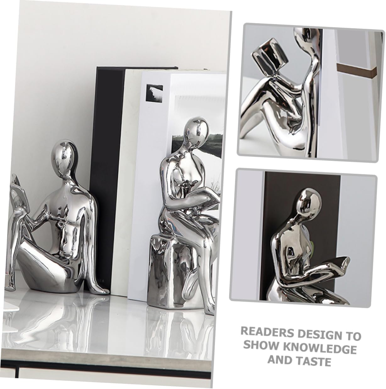 Unomor 1pair Reading Figurines Bookends Decorative Bookshelf Accents for Heavy Books Living Room Abstract Statue Ceramic Decorative Bookends