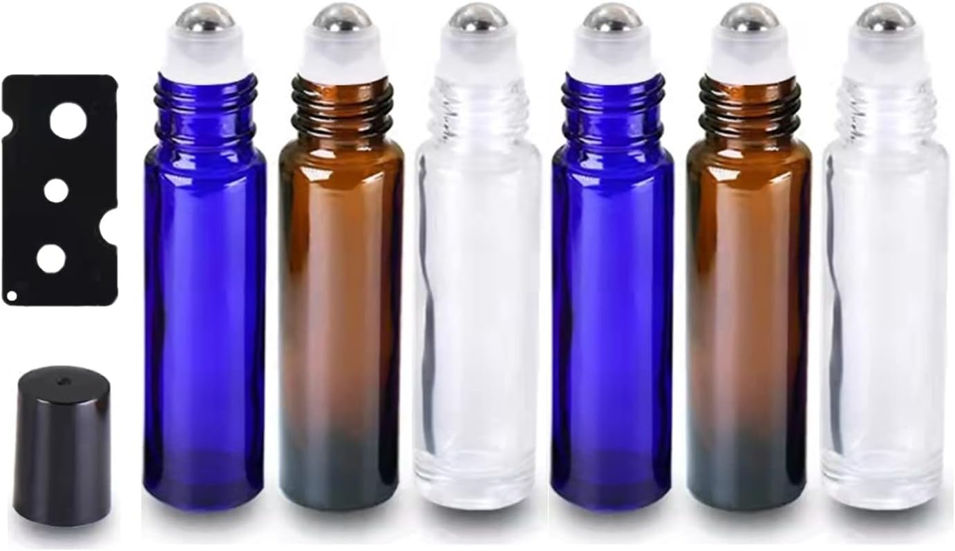 Essential Oil Roller Bottles, Empty Refillable Roll on Glass Bottles, Leak proof Glass Bottle, Stainless Steel Balls for Essential Oil 6 Packs (Amber, Blue, White)
