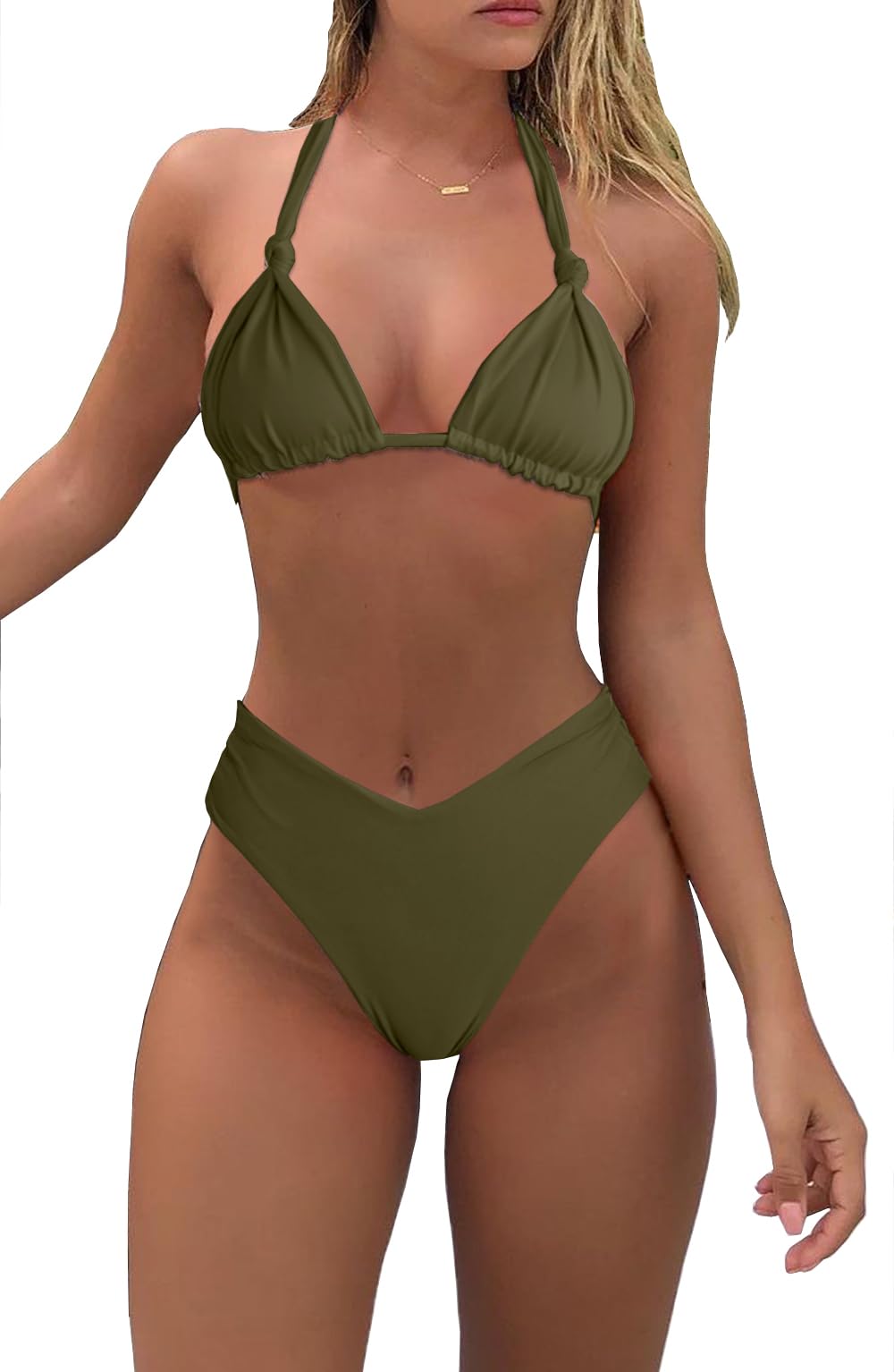 Photo 1 of Women's Halter Triangle Bikini Set Cheeky High Waisted High Cut 2 Piece Bikini Swimsuit Bathing Suit Army Green M
